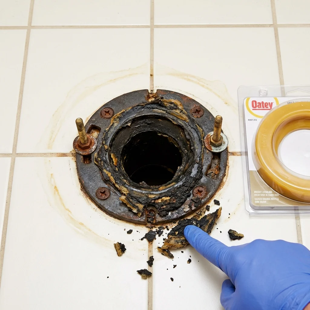 Failed wax ring showing water seepage at the base of a toilet in a Randolph, ME home