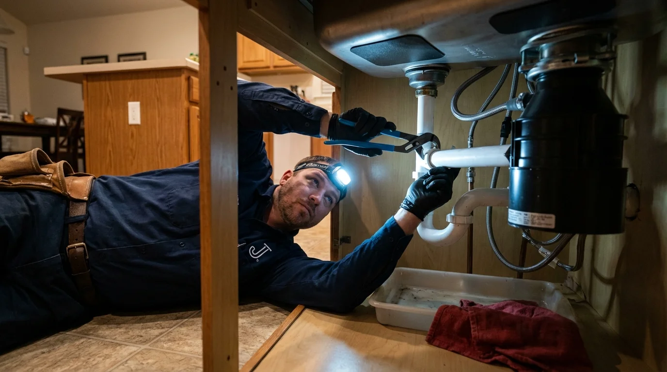 P-trap and supply line connections under a kitchen sink showing a common leak point in Randolph, ME